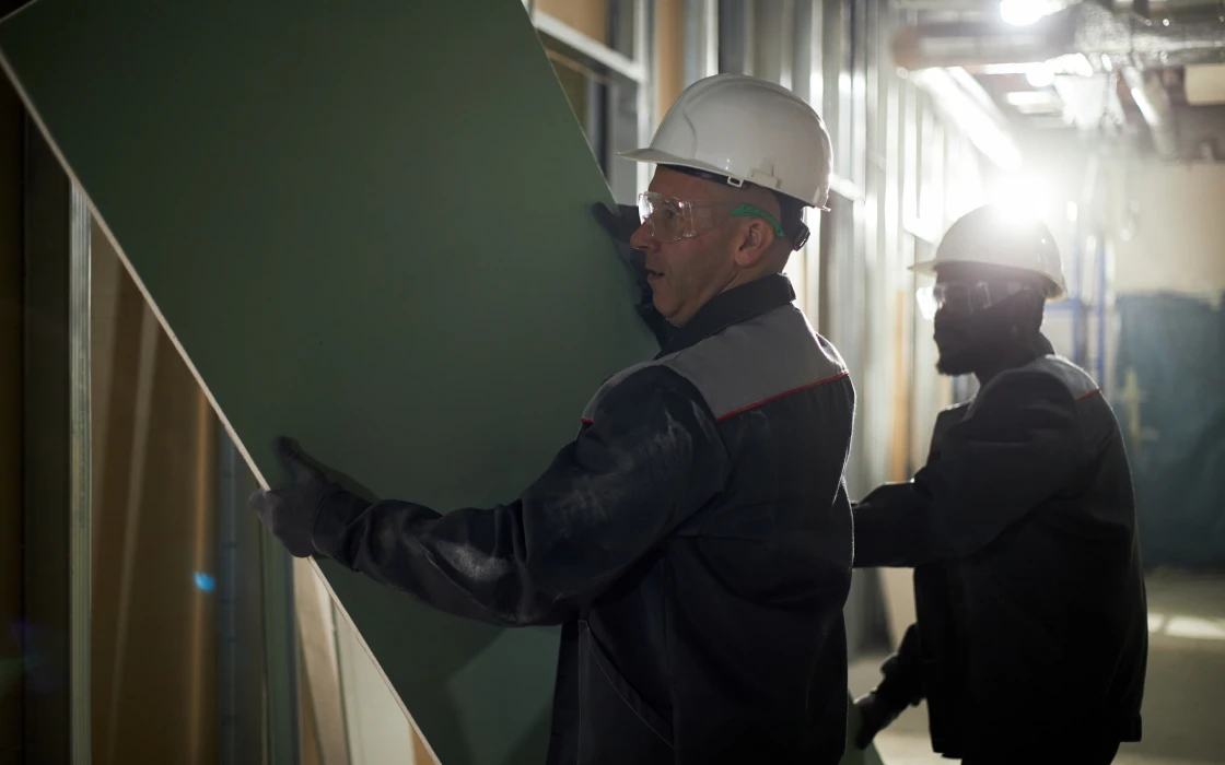 Two builders lifting a sheet of drywall