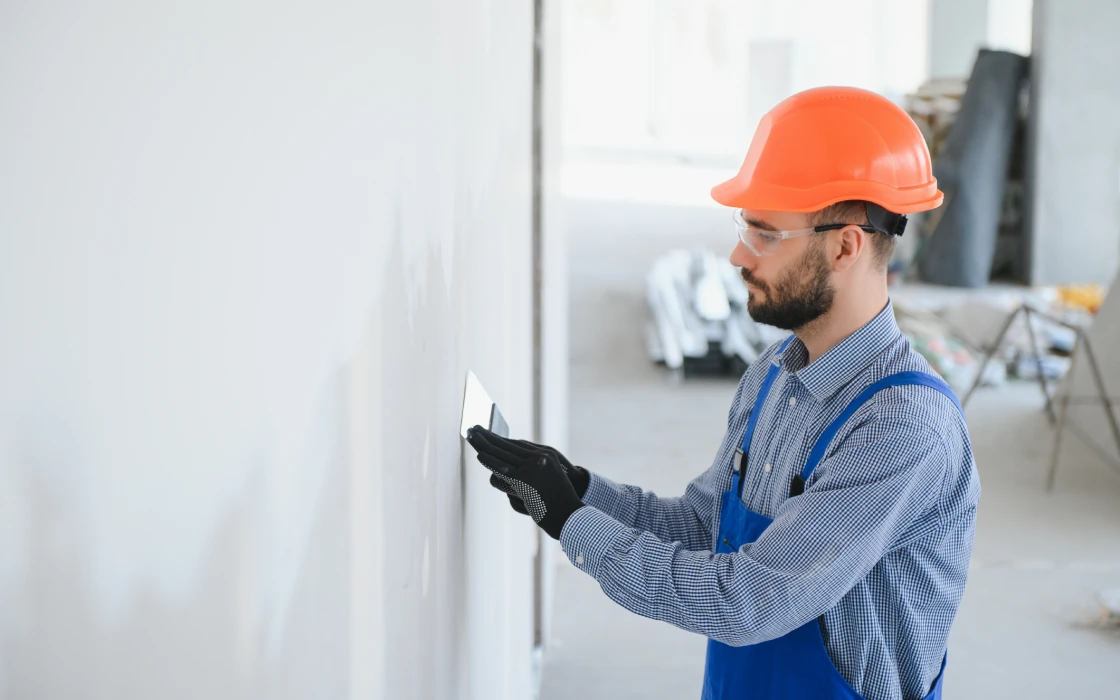 Construction worker smoothing wall surface